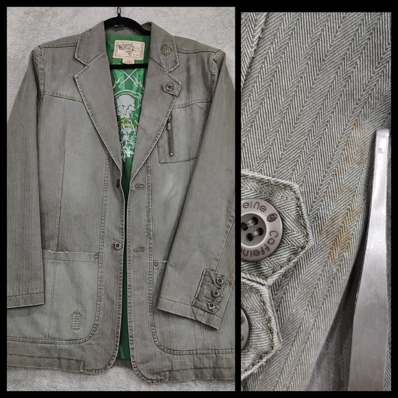 Vtg Mens Caffeine‎ Rave Blazer Jacket Y2K Sz L Military Punk Goth Herringbone - Picture 2 of 13